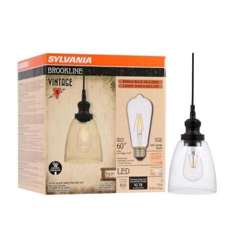 Sylvania Brookline Vintage Glass Pendant Light Fixture *LED Bulb Included* NEW